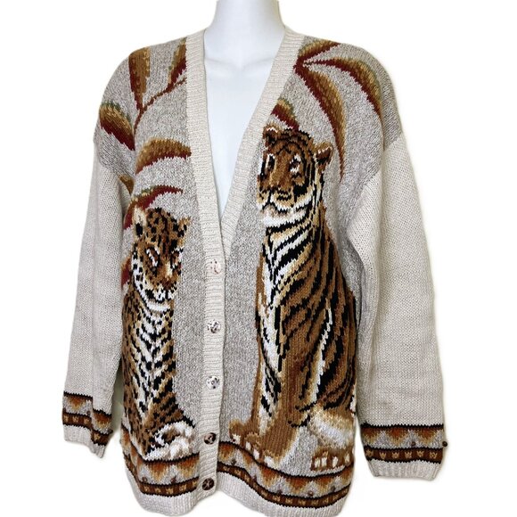 Marisa Christina Knit Cardigan Sweater Leopard & Tiger Big Cat Vintage 90s - Picture 3 of 12